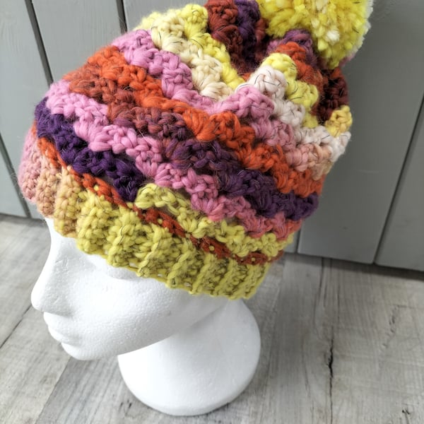 Hand crochet pompom bobble  chunky hat with reflective yarn