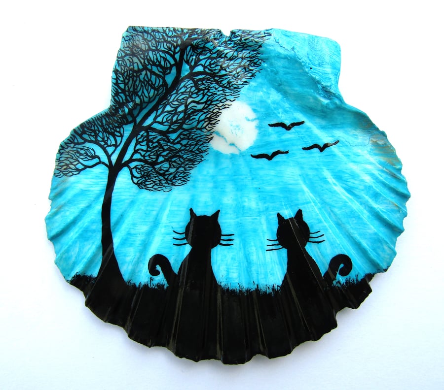 Cat Gift, Hand Painted Shell, Two Cats Tree Moon Painting, Silhouette Art Unique