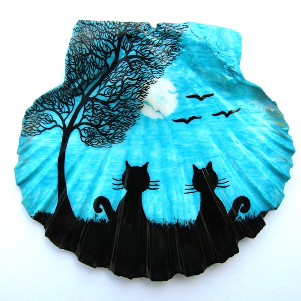 Cat Gift, Hand Painted Shell, Two Cats Tree Moon Painting, Silhouette Art Unique