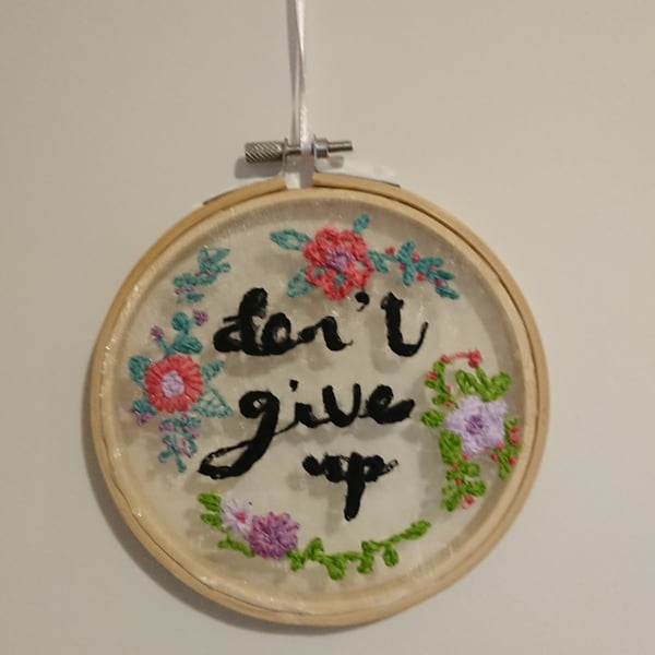  'Don't Give Up' Embroidery, Transparent, Cottagecore, Wall Decoration 