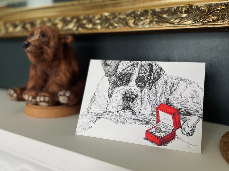Cute Funny Boxer Dog Engagement Proposal Wedding Ring a6 Card- Print of  Drawing