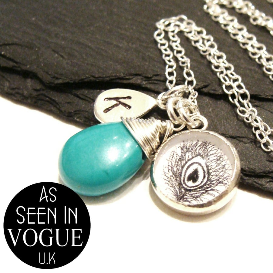 Sterling Silver Feather Charm & Turquoise Gemstone Initial Necklace in VOGUE