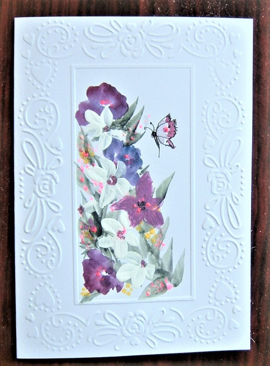 hand painted floral greetings card ( ref F  543)