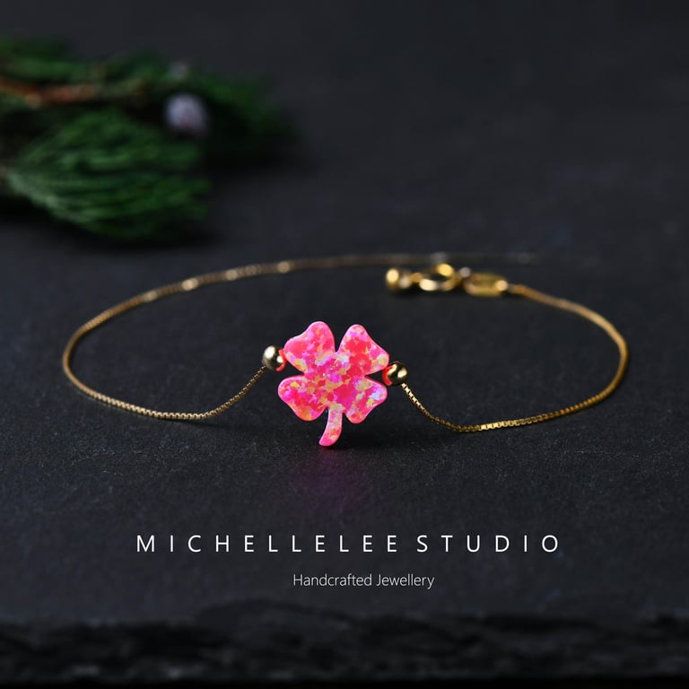 Pink Opal Clover Bracelet With 925 Sterling Silver Chain