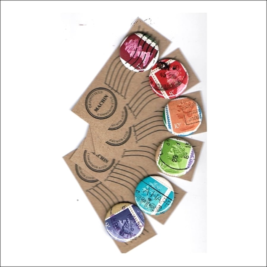 MACHIN DEFINITIVES COMMEMORATED - upcycled vintage postage stamp badge - choice 