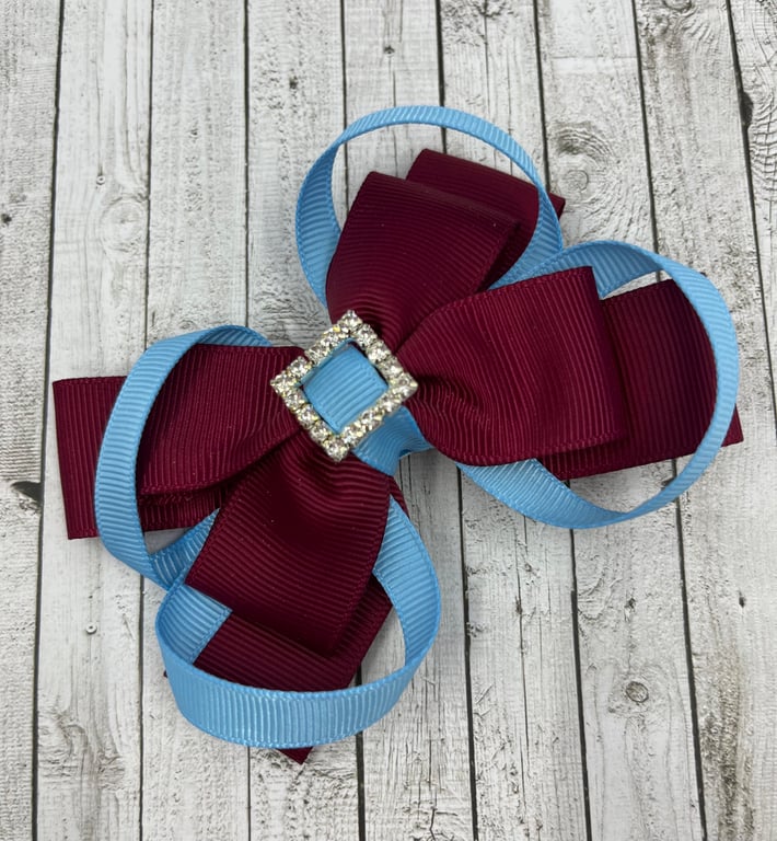 School Wine Double Layer Bow with Light Blue Loops on Clip