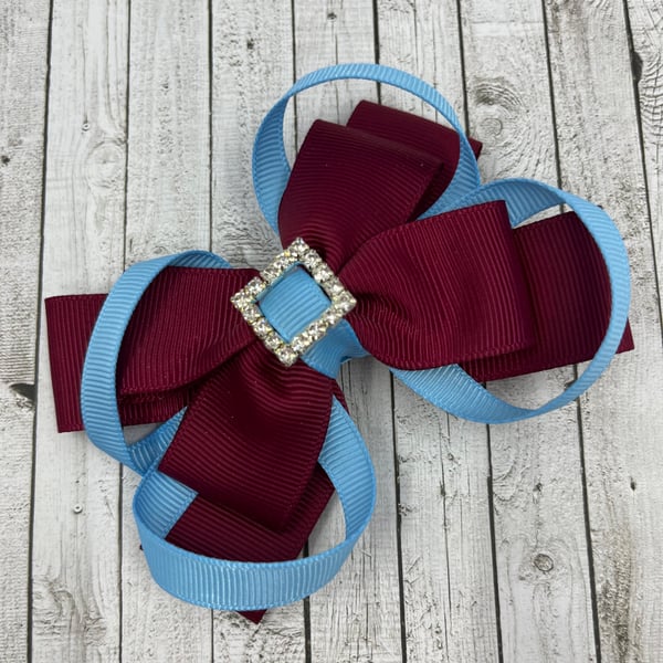 School Wine Double Layer Bow with Light Blue Loops on Clip