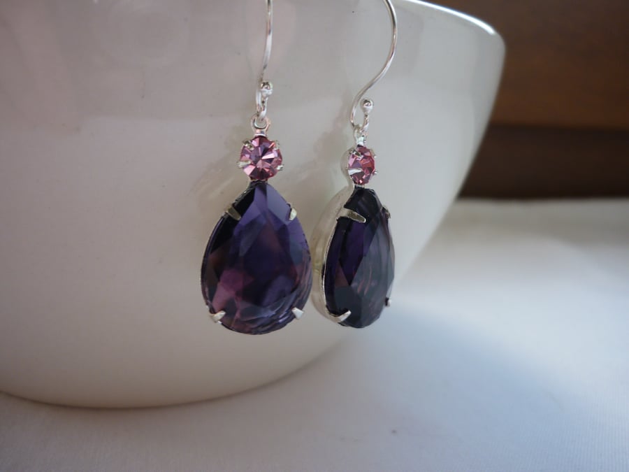 AMETHYST PURPLE, PINK AND STERLING SILVER  TEARDROP, RHINESTONE EARRINGS.  917