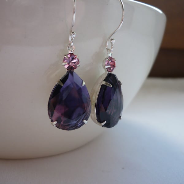 AMETHYST PURPLE, PINK AND STERLING SILVER  TEARDROP, RHINESTONE EARRINGS.  917