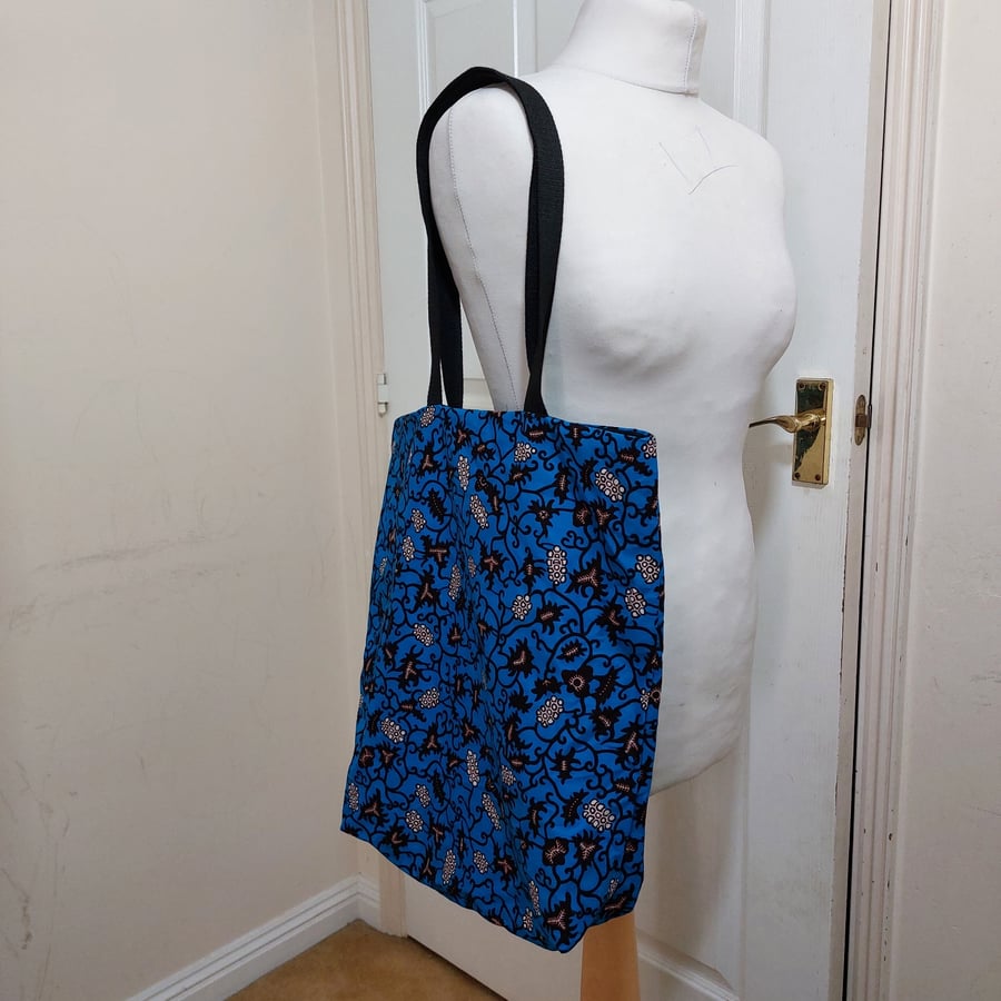 Blue reusable African wax tote bag, Ankara fabric medium tote bag