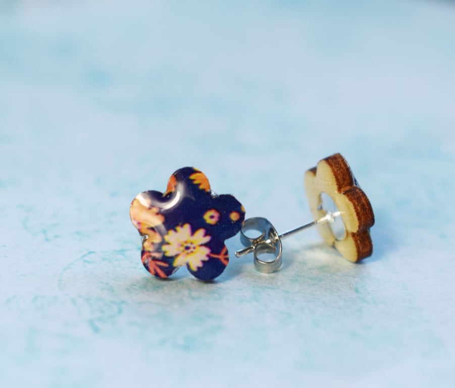 Small Blue Flower Stud Earrings, Floral Jewellery