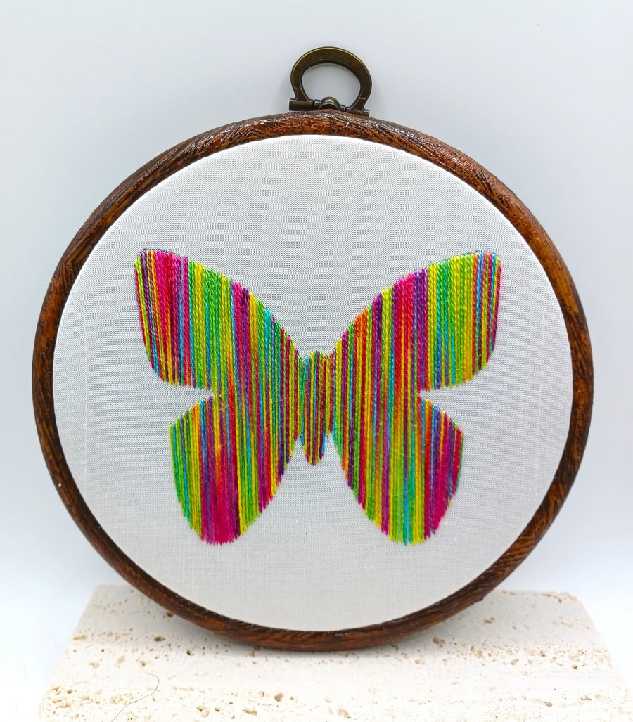 Rainbow Butterfly Embroidery, Embroidery Hoop, Hand Embroidery, Modern Embroider