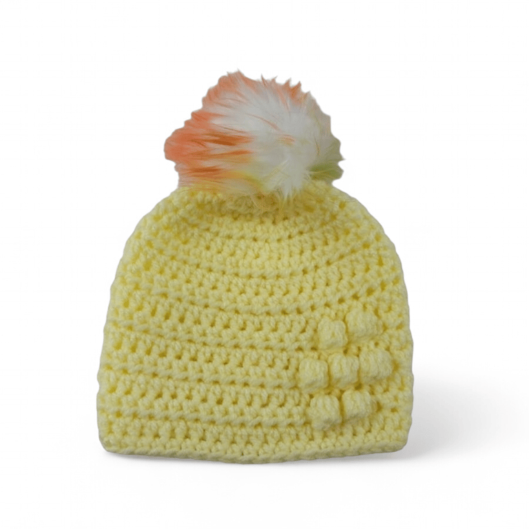 Lemon baby crocheted hat white faux fur pompom with orange yellow & green 