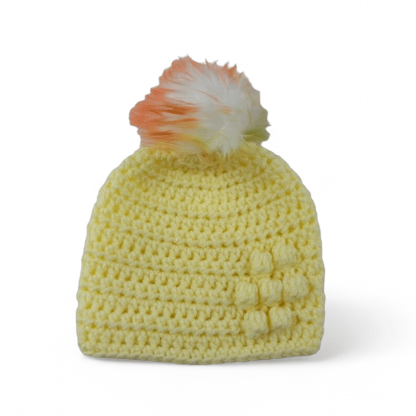 Lemon baby crocheted hat white faux fur pompom with orange yellow & green 