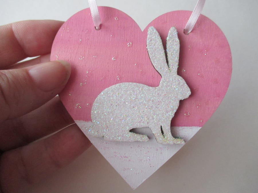 Christmas Decoration Bunny Rabbit Hanging Heart Snow Bunny Pink White