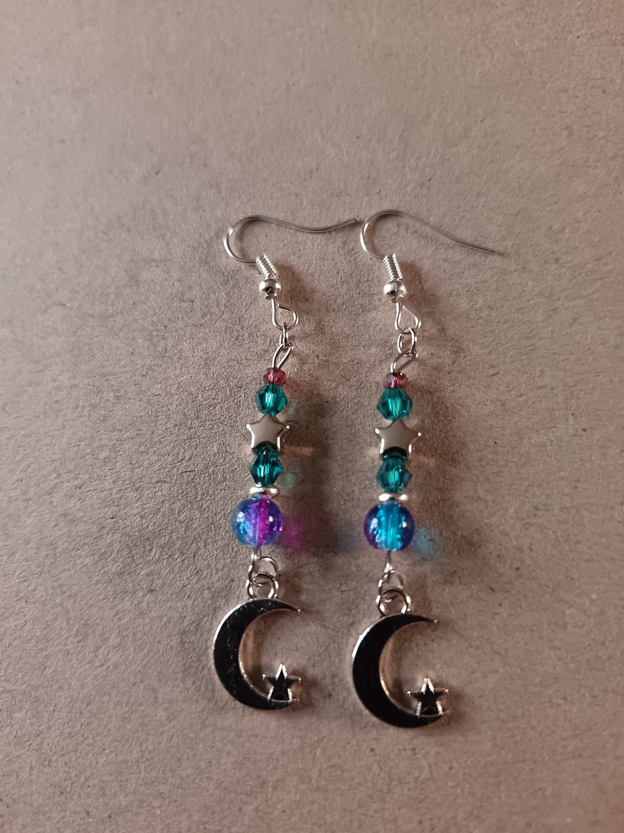 Crescent moon and star charm beaded dangle earrings 