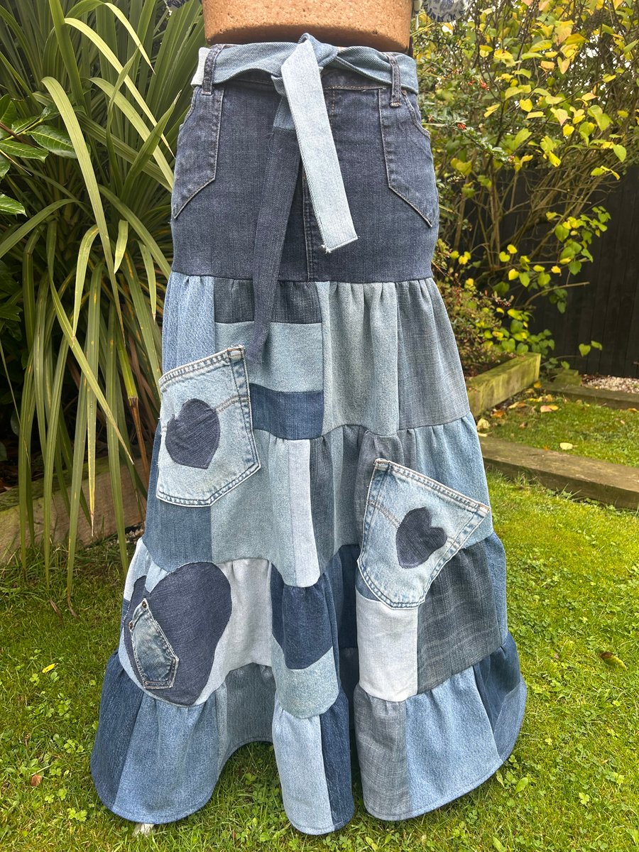 Patchwork denim skirt - Size 12 - Upcycled