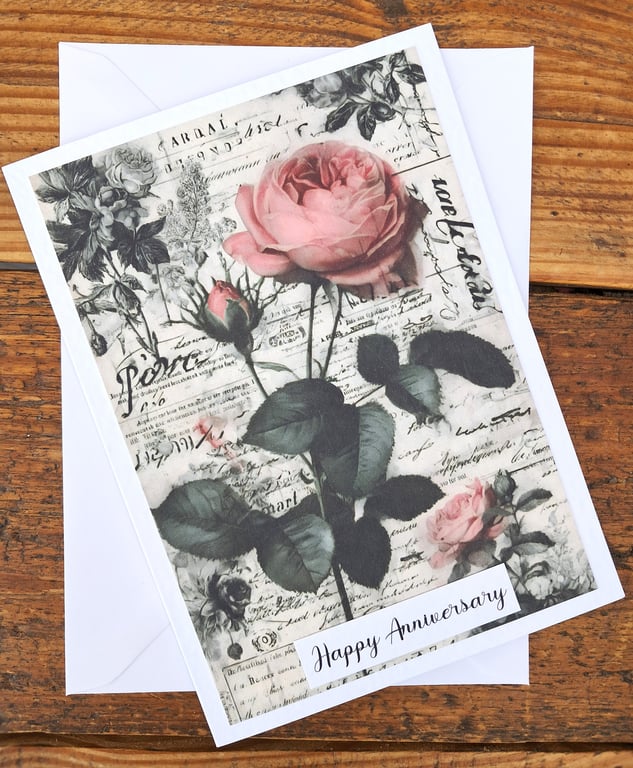 C6713   Anniversary Card, Hammered Card, Pink Roses, Romance,