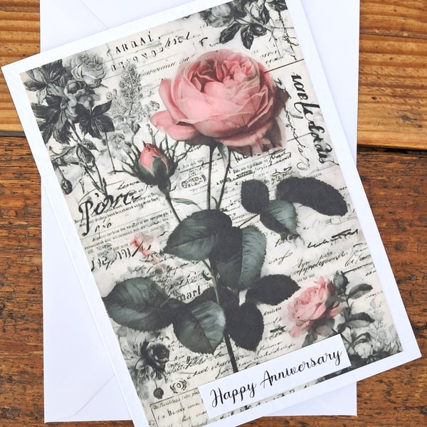 C6713   Anniversary Card, Hammered Card, Pink Roses, Romance,