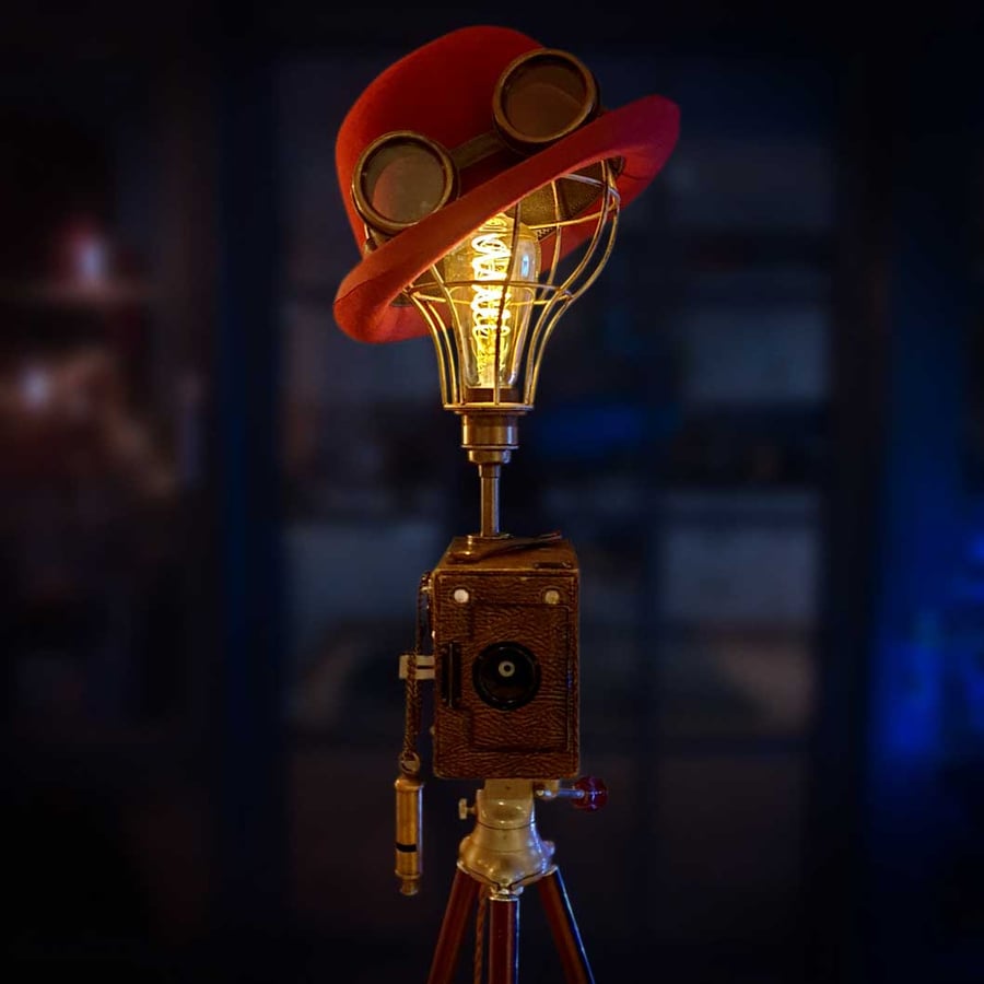 Handmade Upcycled Vintage 1920s Camera Steampunk Bowler Hat Tripod Lamp