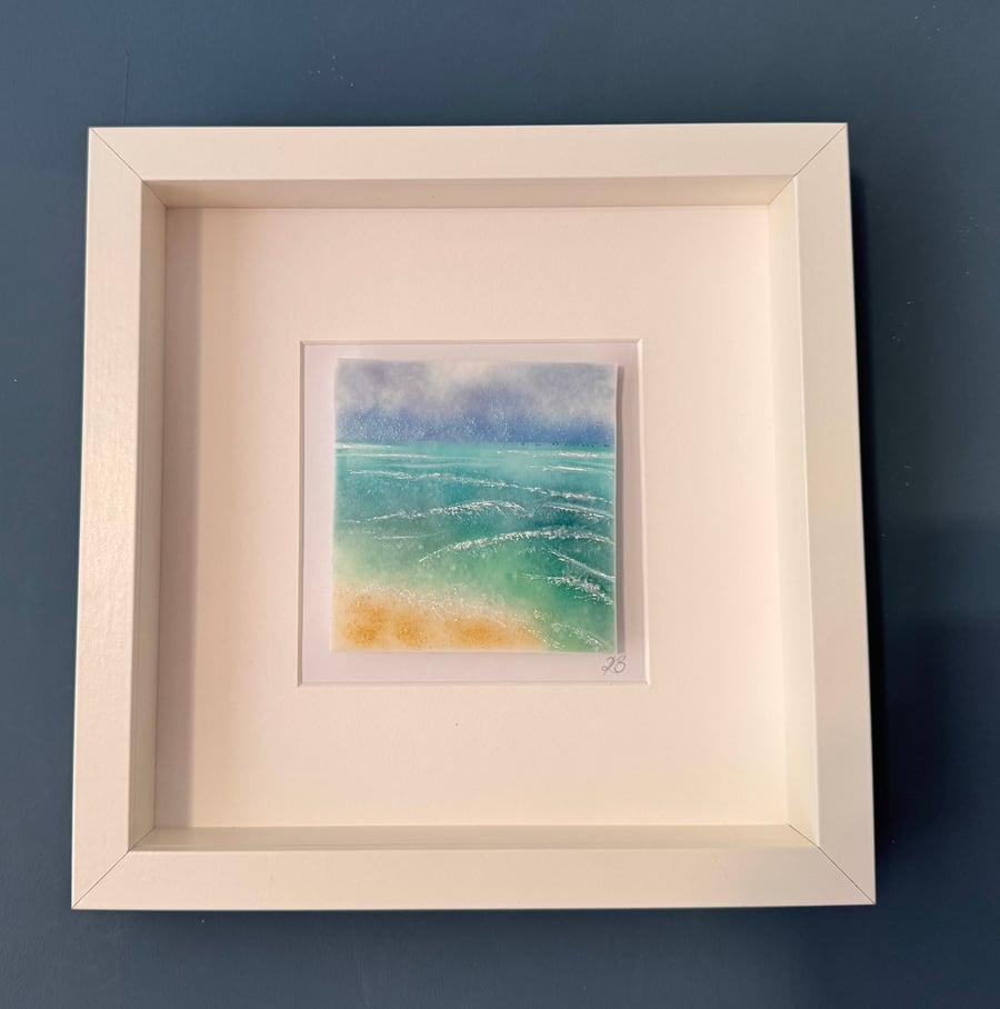 Kiln formed glass seascape square framed picture