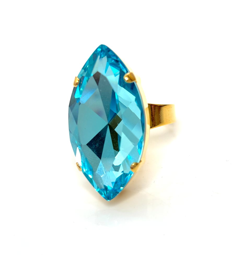 Large Aquamarine Crystal Gold Ring, Blue Statement Ring