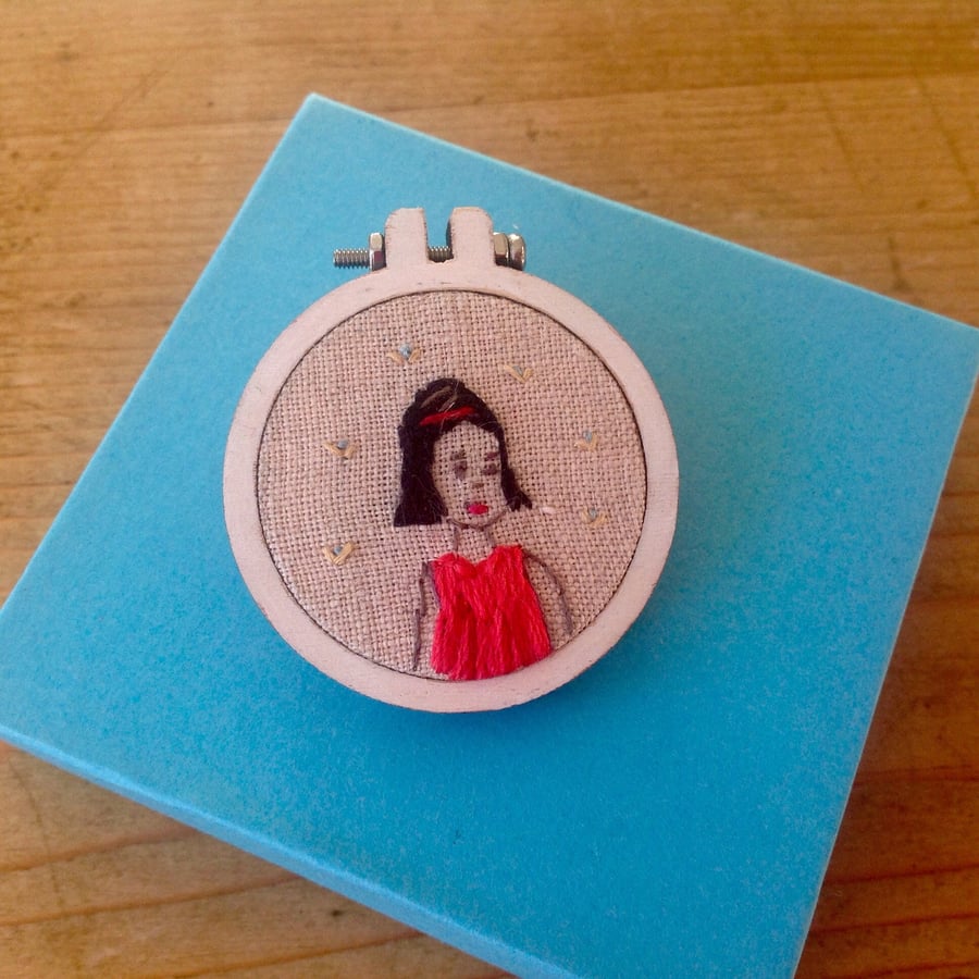 Hand Embroidered Party Girl Mini Hoop Brooch