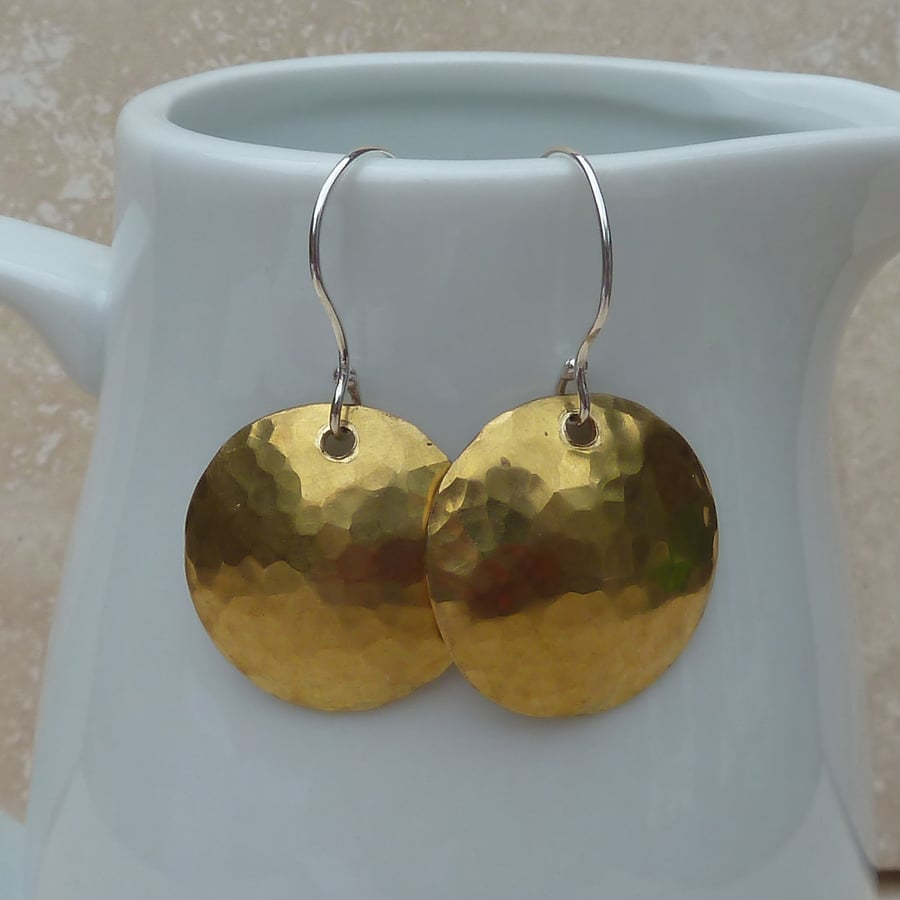Hammered Brass Dome Earrings with Sterling Silver Hooks - MET012