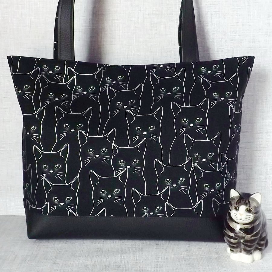 Black cat tote bag, craft bag
