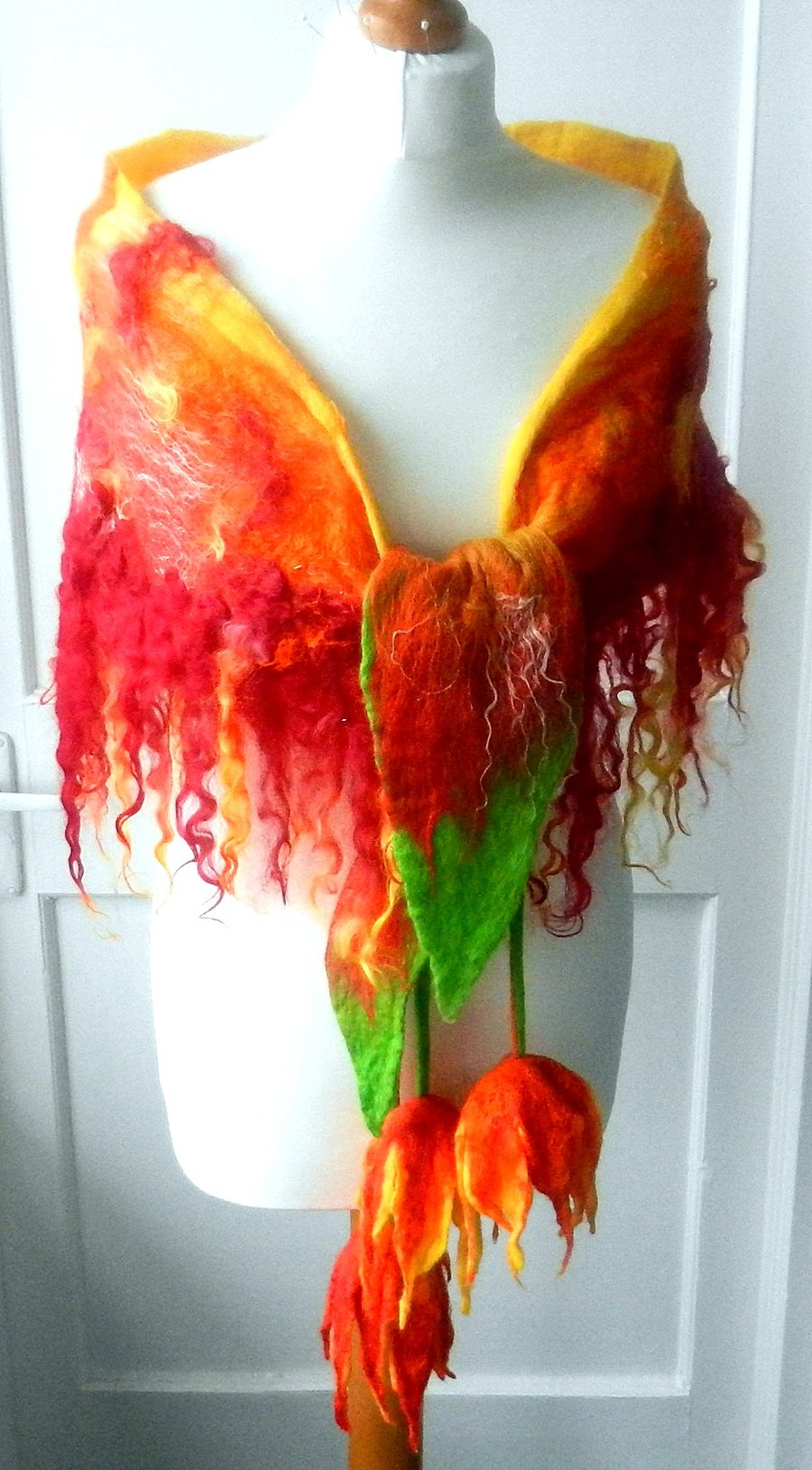 Felted, Wool Jewelry felted woman ART NET scarf  ,shawl-FLAME  3  -