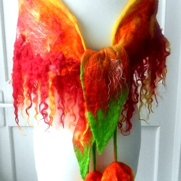 Felted, Wool Jewelry felted woman ART NET scarf  ,shawl-FLAME  3  -