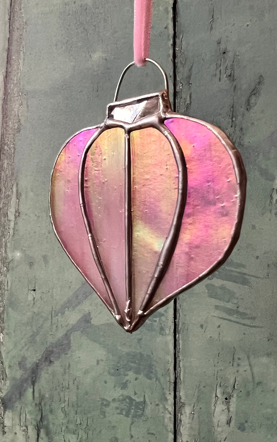 Pink iridescent stained glass lantern bauble - perfectly imperfect