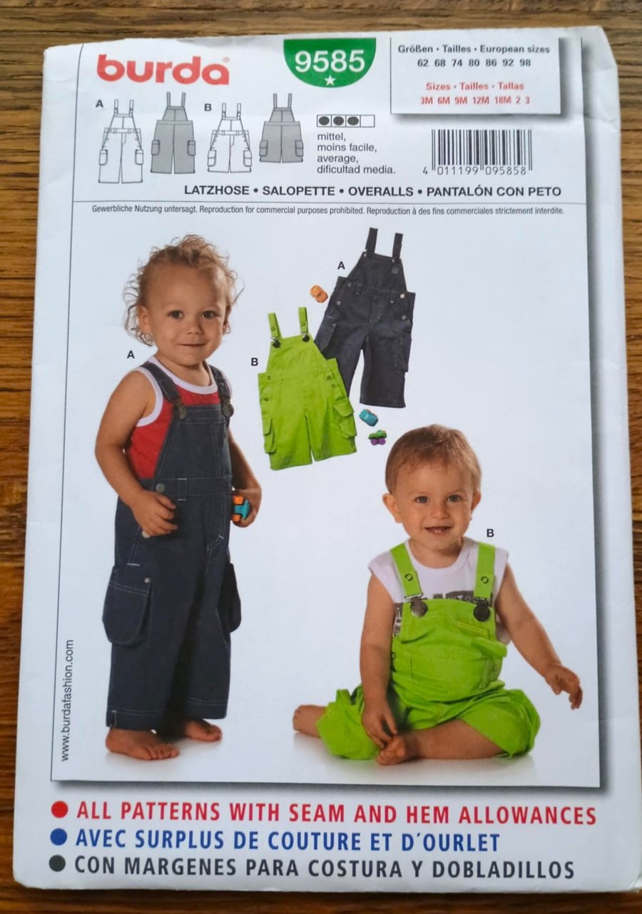 Sewing pattern - Baby Toddler dungarees BURDA 9585 - age 3 m to 3 years