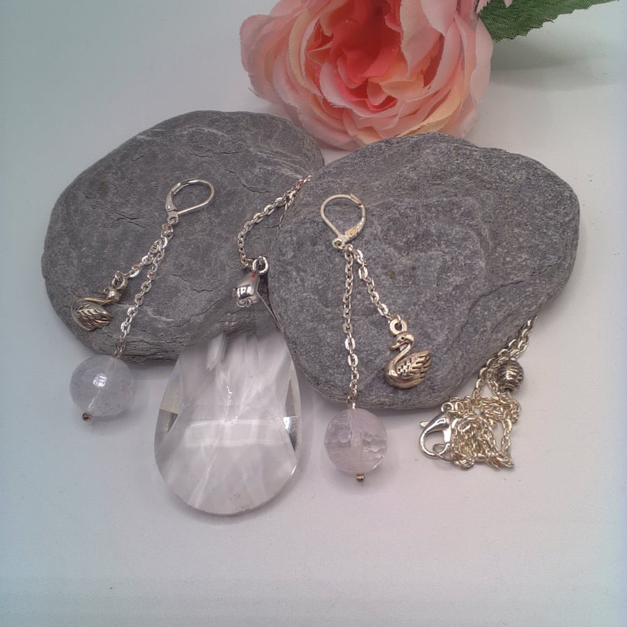 Crystal Pendant on Silver Chain with Agate and Swan Charm Earrings, Gift for Her