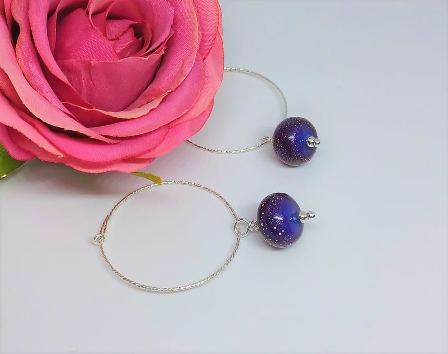 Purple Galaxy Lampwork Glass Sterling Silver Hoop Earrings, Sterling Silver Gala