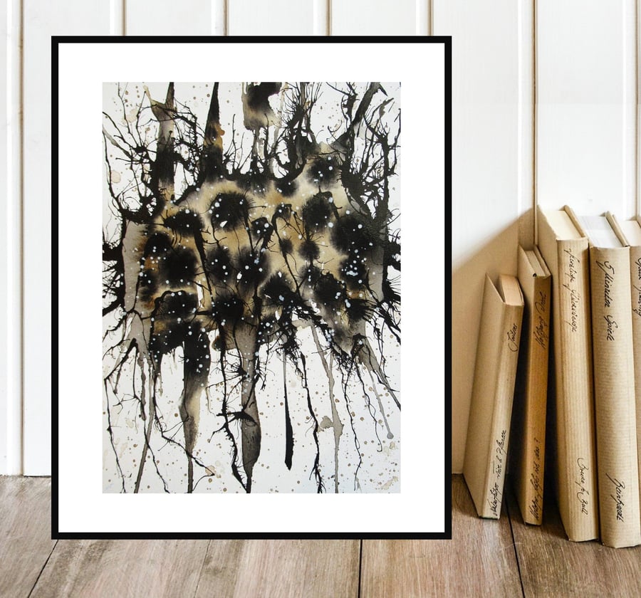 Dynamic Abstract Painting Watercolour & Ink Black Brown Minimal Contemporary Art