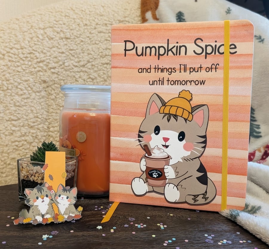 Funny Cat Pumpkin Spice Journal, Autumnal leatherette A5 Notebook