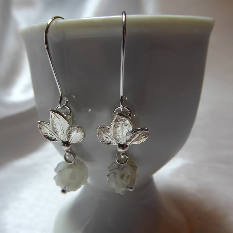  Sterling Silver & Mother of Pearl Rose & Leaves Earrings