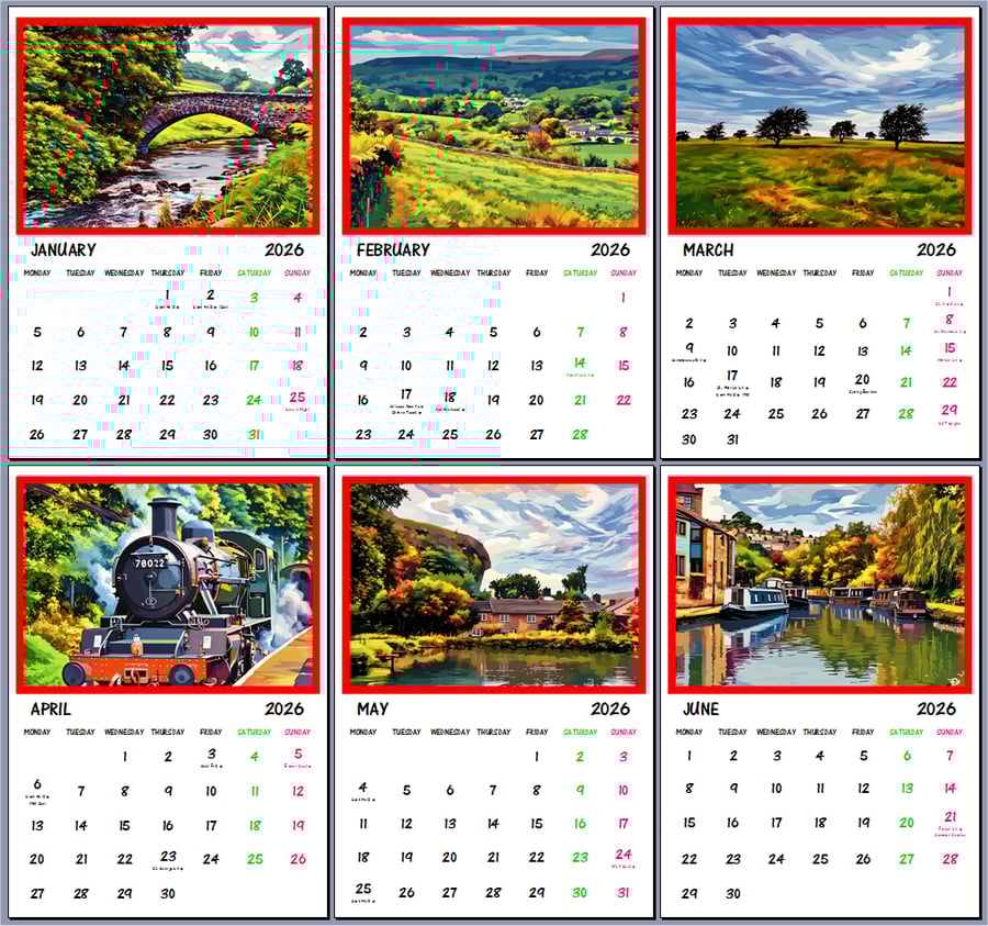 2026 Yorkshire Scenery Hanging Wall Calendar Each month A4