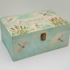 Wooden memory box with pyrography dragonflies design