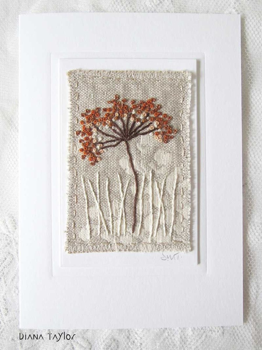 HAND EMBROIDERED GREETINGS CARD AUTUMN WINTER SEED HEAD  