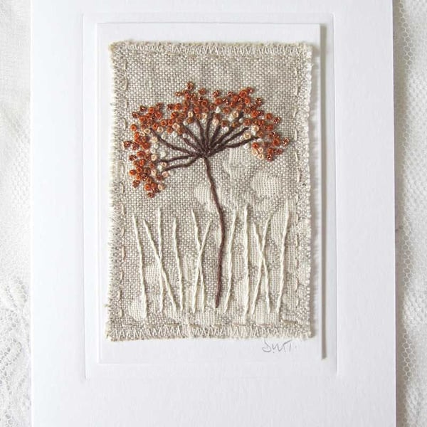 HAND EMBROIDERED GREETINGS CARD AUTUMN WINTER SEED HEAD  