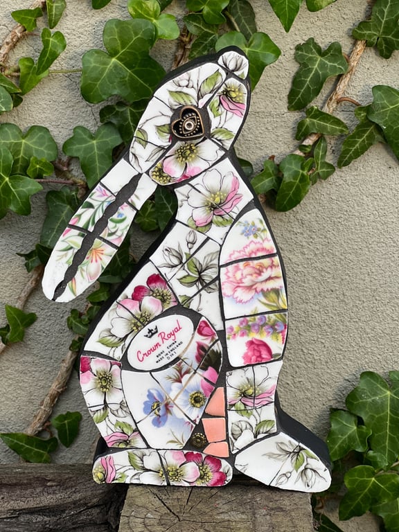 Mosaic Moon Gazing Hare, Made with Vintage china, Ceramic Mosaic Art