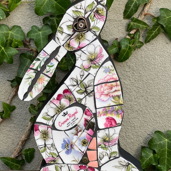 Mosaic Moon Gazing Hare, Made with Vintage china, Ceramic Mosaic Art