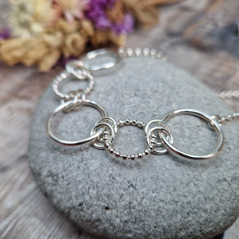 Sterling Silver Geometric Circle Chain Link Statement Necklace - JBJ2040