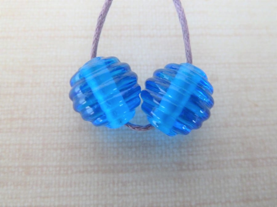 blue ribbed handmade lampwork glass beads
