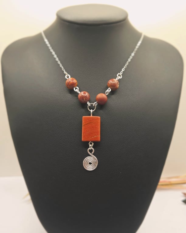 Handmade Red Jasper Beaded Gemstone Necklace, Hammered Silver Spiral Charm
