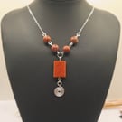Handmade Red Jasper Beaded Gemstone Necklace, Hammered Silver Spiral Charm