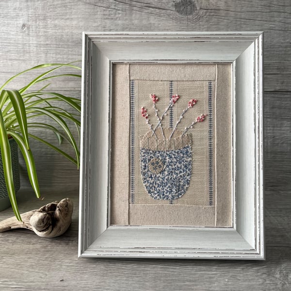 Hand Embroidered Tea Dyed Framed Botanical Textile Art Picture