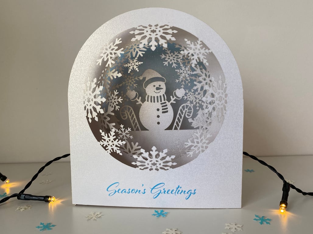 3D snowman snow globe Christmas card